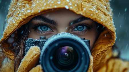 A cheerful image of a woman in a yellow hood holding a camera, surrounded by a rainy atmosphere.の素材