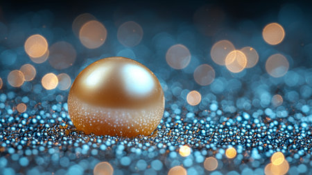 A glowing golden sphere resting on a textured surface, surrounded by soft bokeh lights in a magical atmosphere.の素材