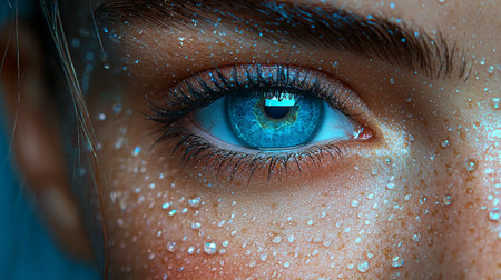 A mesmerizing close-up of blue eyes with glittering reflections, enhanced by ethereal light effects for a dreamy appearance.の素材