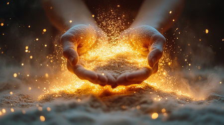 A mesmerizing image of hands holding glowing golden sparks, radiating warmth and magical energy against a dark background.の素材