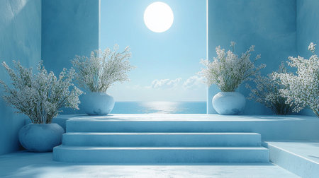 A minimalist scene of moonlit stairs surrounded by potted plants, creating a serene and atmospheric composition.の素材