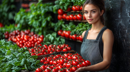 A female farmer arranging fresh, ripe tomatoes in a vibrant market, capturing the essence of local produce.の素材