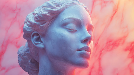 A detailed close-up of a marble statue of a woman with a dreamy expression, set against a soft pastel background.の素材