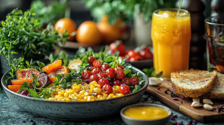 A healthy Mediterranean salad bowl paired with orange juice and bread, presented in a vibrant and appetizing setting.の素材