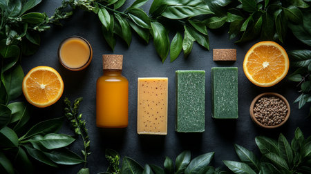 A refreshing layout featuring orange slices, greenery, and wellness products including essential oils and herbal blends.の素材