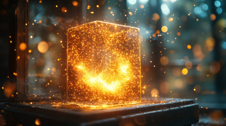 A luminous golden cube radiating light, set on a dark reflective surface, creating a striking and futuristic look.の素材