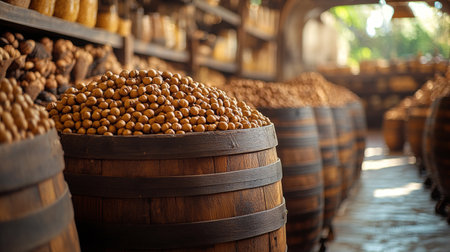 A rustic scene of wooden barrels and sacks arranged in a warm-lit storage area, creating a cozy and nostalgic ambiance.の素材