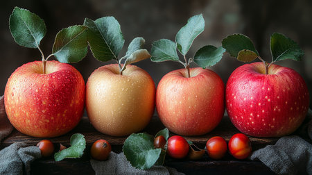 A detailed close-up of fresh red and yellow apples arranged on a wooden surface, emphasizing their natural beauty.の素材