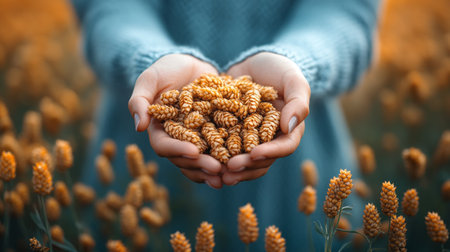 A close-up of hands offering a small pile of grains, symbolizing generosity and nature's bounty.の素材