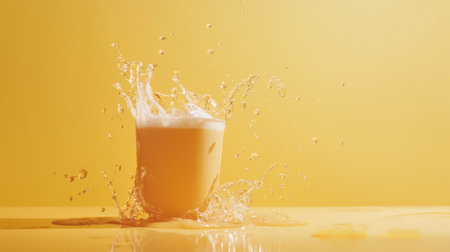A dynamic shot of orange juice splashing in a clear glass, set against a vibrant yellow background for an energetic vibe.の素材