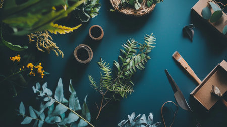 A bohemian-themed flat lay featuring natural elements like wooden spoons, leaves, and ceramic pots on a dark textured surface.の素材