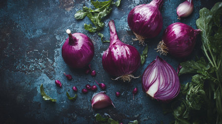A rustic flat lay featuring red onions, fresh herbs, and spices arranged on a textured dark surface, creating a vibrant food composition.の素材