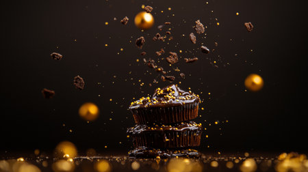A decadent chocolate cake topped with rich frosting, surrounded by golden confetti, creating a festive and luxurious look.の素材