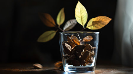A close-up of a glass cup containing autumn leaves and acorns, set against a dark background for a rustic and moody aesthetic.の素材