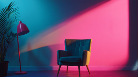 A sleek modern armchair in a vibrant room with contrasting pink and blue lighting, creating a striking, contemporary atmosphere.の素材