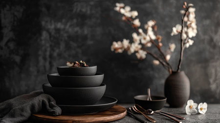 A sleek black dinnerware set arranged on a dark table, accentuated by minimalist styling.の素材
