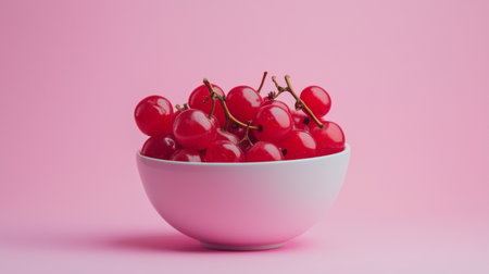 A white bowl filled with fresh cherries, set against a vibrant pink background for a lively and cheerful aesthetic.の素材