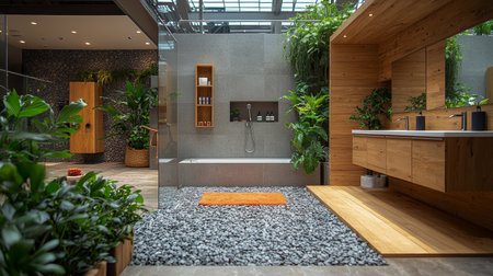 A modern garden inspired by zen design, featuring wooden accents and lush greenery under soft light.の素材