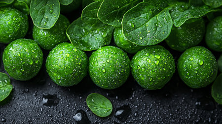 A vibrant arrangement of fresh limes with water droplets, placed on a dark, textured surface.の素材