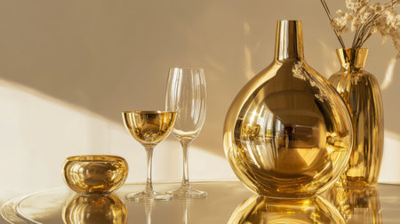 A luxurious golden glassware set bathed in warm sunlight, creating a sophisticated and inviting scene.の素材