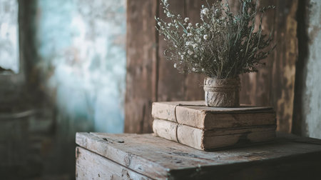 A rustic wooden chest adorned with dried plants and books, set in a cozy, vintage ambiance.の素材