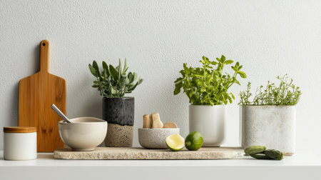 A minimalist kitchen setup featuring fresh herbs in white pots, wooden utensils, and clean, modern design elements.の素材