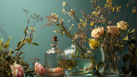 A delicate floral arrangement displayed with vintage glass bottles on a rustic wooden table under natural light.の素材