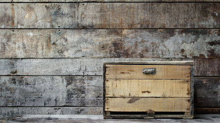 A vintage wooden chest placed against a weathered textured wooden wall, emphasizing rustic charm.の素材
