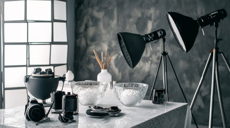 A professional photography studio setup featuring vintage cameras, studio lights, and elegant decor elements.の素材