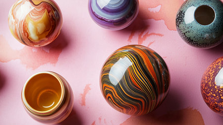 A collection of handcrafted colorful marble ornaments displayed against a pastel pink background, showcasing artistry and creativity.の素材