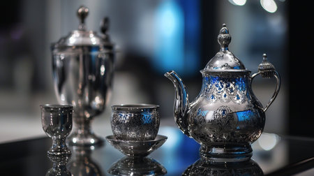 An elegant silver tea set arranged on a reflective surface, illuminated by soft light, creating a luxurious and timeless aesthetic.の素材