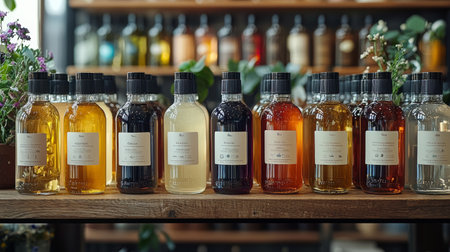 A rustic arrangement of artisan honey jars displayed on wooden shelves, emphasizing natural and organic aesthetics.の素材