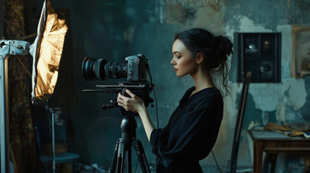 A professional female photographer using a camera in a stylish studio, capturing the essence of artistic photography.の素材