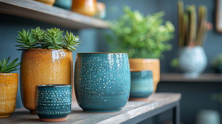 A rustic shelf displaying ceramic pots and vases, surrounded by natural light and cozy, inviting decor elements.の素材