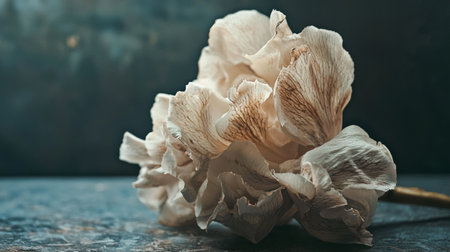 A close-up of a unique mushroom with intricate textures, styled against a rustic background in natural lighting.の素材