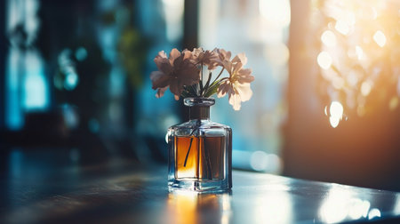 A beautiful glass bottle filled with delicate flowers, illuminated by soft, warm lighting for a serene ambiance.の素材