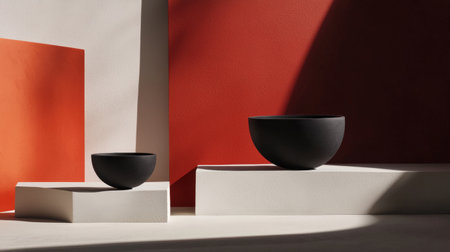 A modern still life arrangement featuring black and red ceramic bowls against a geometric background.の素材