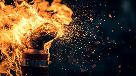 A dynamic capture of an explosion of fire and ash, creating an intense and visually striking scene.の素材