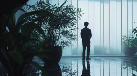 A silhouette of a person standing in a lush botanical atrium with soft natural lighting filtering in.の素材