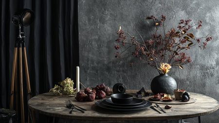 An elegant table setup featuring dark-toned dinnerware and floral decor under warm ambient lighting.の素材