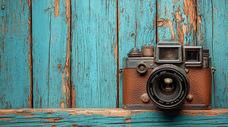 A nostalgic display featuring a vintage camera styled with wooden decor elements against a vibrant turquoise background.の素材