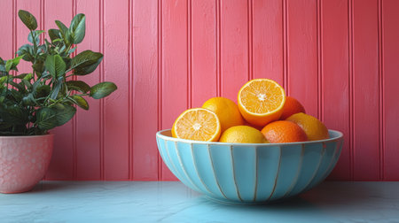 A vibrant composition featuring fresh oranges styled in a striped blue bowl, set against a bold pink backdrop.の素材