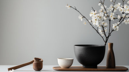 A serene minimalist composition featuring a tea set with a cherry blossom branch, styled on a soft gray background for a calming aesthetic.の素材
