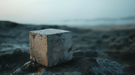 A serene minimalist landscape featuring a lone weathered stone block surrounded by soft mist, evoking a sense of solitude.の素材
