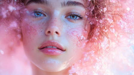 A vibrant close-up portrait of a woman featuring pink makeup and glowing skin, styled with dreamy pastel lighting for a soft aesthetic.の素材