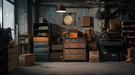 A nostalgic vintage interior featuring wooden drawers, industrial lighting, and a warm, rustic atmosphere.の素材