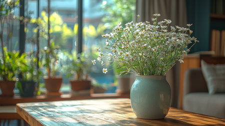 A serene interior with large windows flooding the room with natural light, decorated with lush potted plants.の素材