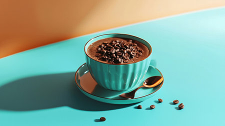 A turquoise cup filled with coffee, garnished with chocolate beans, on a vibrant turquoise surface with modern lighting.の素材