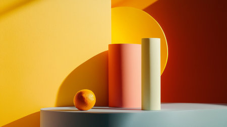 A bold and colorful minimalist composition featuring geometric shapes and vibrant lighting in a modern setting.の素材