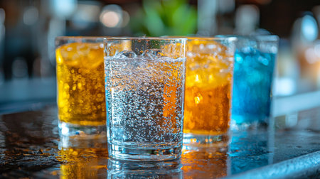A modern setup of sparkling drinks served in glass tumblers, enhanced with colorful backlighting for a vibrant effect.の素材